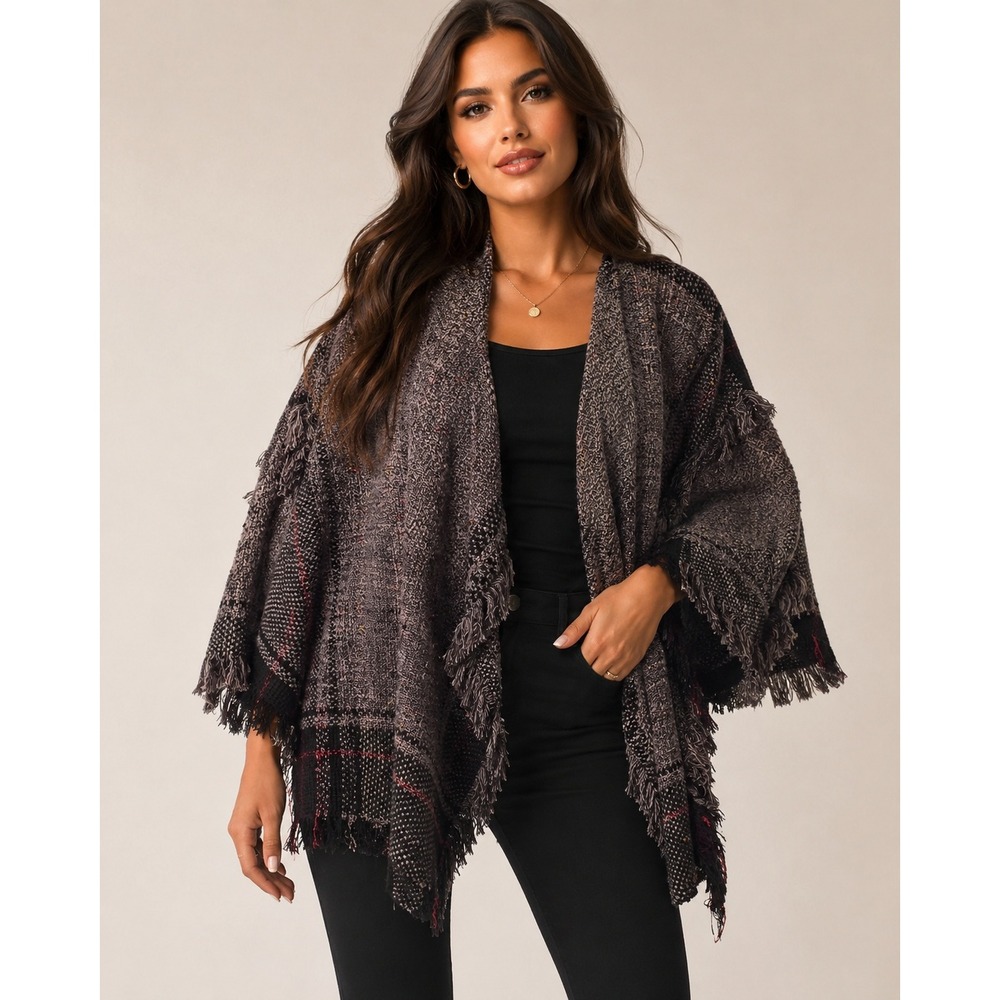 Judi Gaston One of a Kind Art to Wear Fringe Wrap Jacket Grey Multi Contemporary